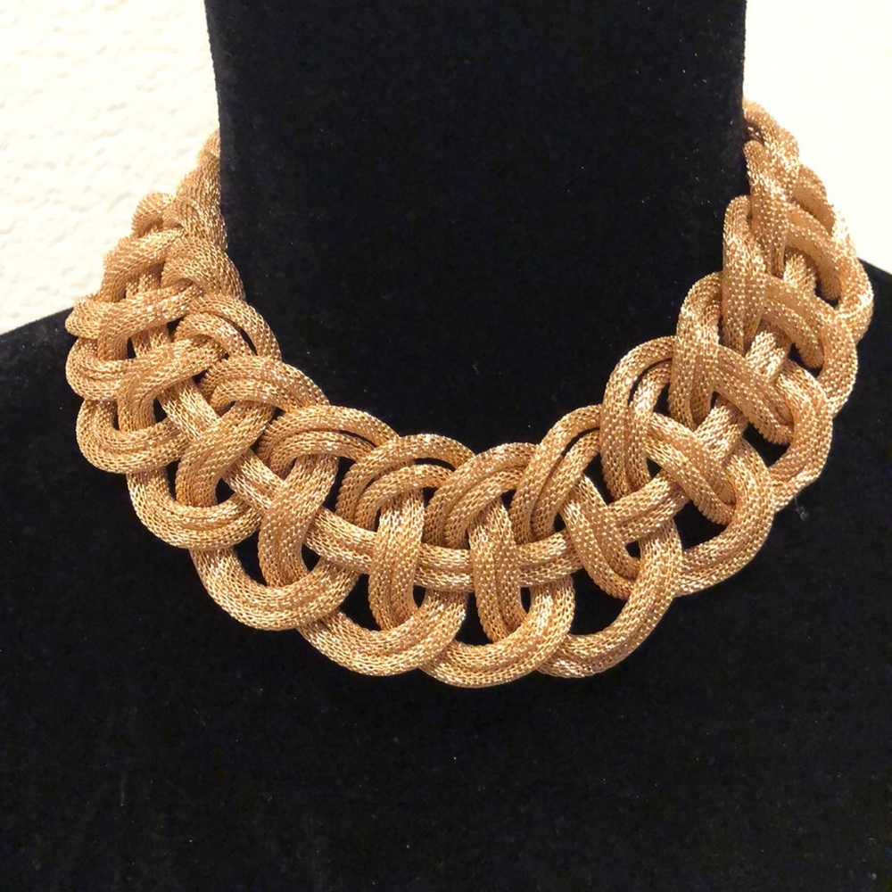 Braided mesh gold statement necklace